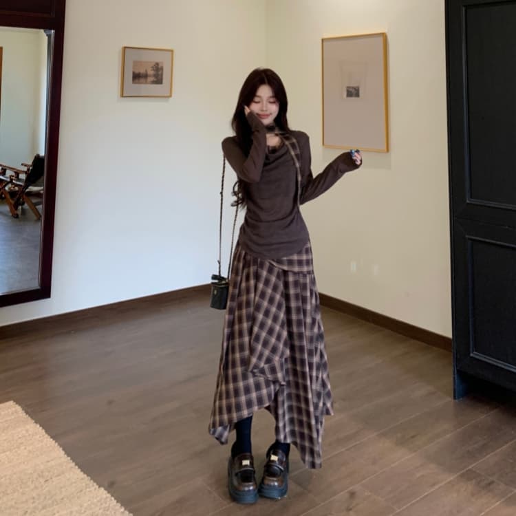 지방 mm 아름다움 라드. 커피 색상 흔들다 칼라 배색 긴팔 티셔츠 여성 봄 레트로 체크무늬 반신 롱 스커트 투피스 세트 상세 이미지 16