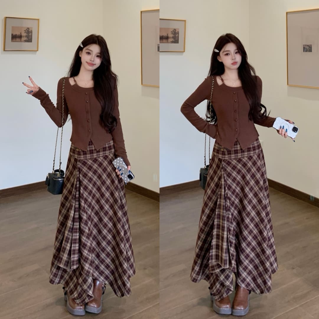 가을 겨울 빅 사이즈 여성 의류 지방 mm 커피 색상 긴팔 몸매 가꾸기 니트 스웨터 여성 커피 색상 체크무늬 반신 스커트 투피스 세트