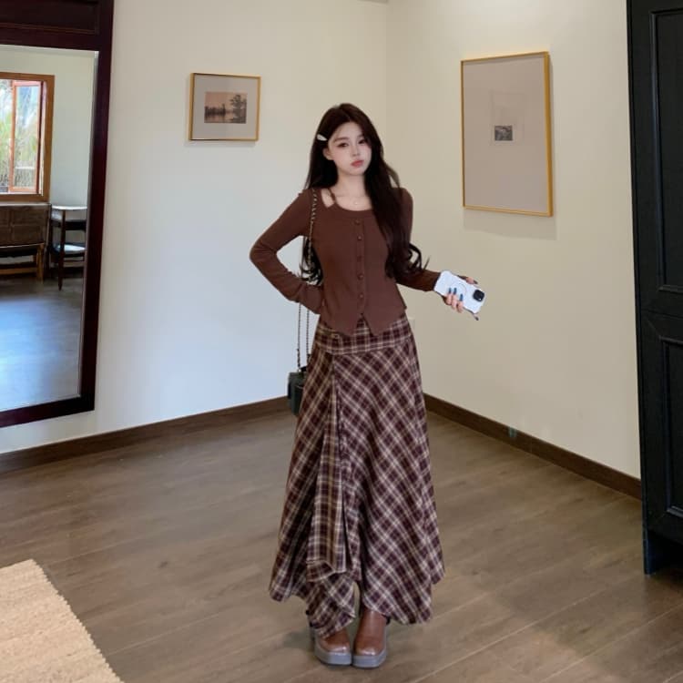 가을 겨울 빅 사이즈 여성 의류 지방 mm 커피 색상 긴팔 몸매 가꾸기 니트 스웨터 여성 커피 색상 체크무늬 반신 스커트 투피스 세트 상세 이미지 2