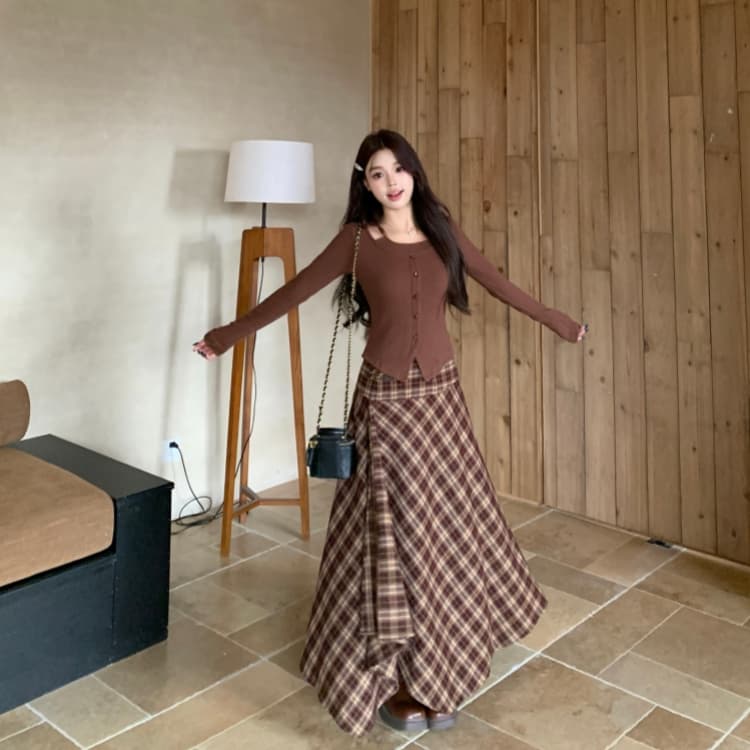 가을 겨울 빅 사이즈 여성 의류 지방 mm 커피 색상 긴팔 몸매 가꾸기 니트 스웨터 여성 커피 색상 체크무늬 반신 스커트 투피스 세트 상세 이미지 3