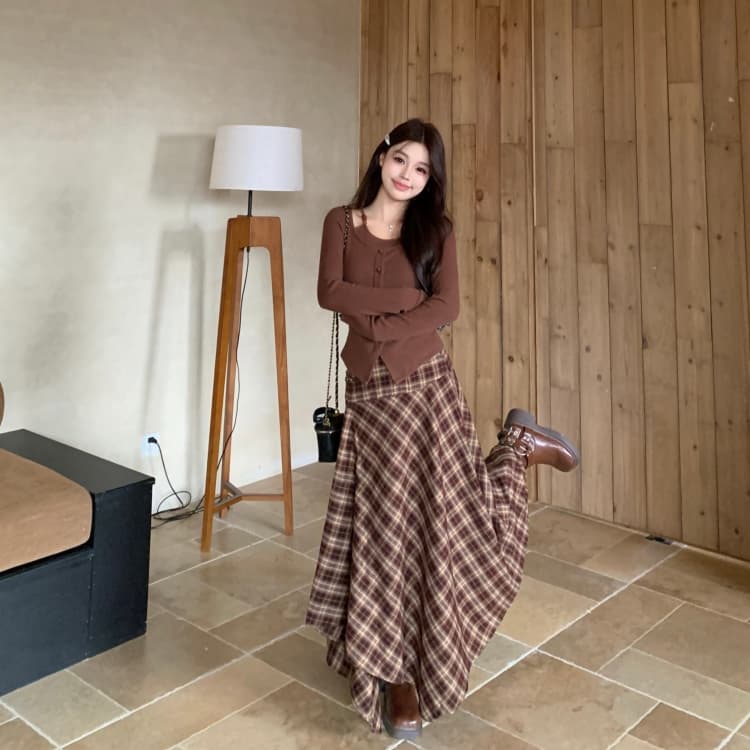 가을 겨울 빅 사이즈 여성 의류 지방 mm 커피 색상 긴팔 몸매 가꾸기 니트 스웨터 여성 커피 색상 체크무늬 반신 스커트 투피스 세트 상세 이미지 9