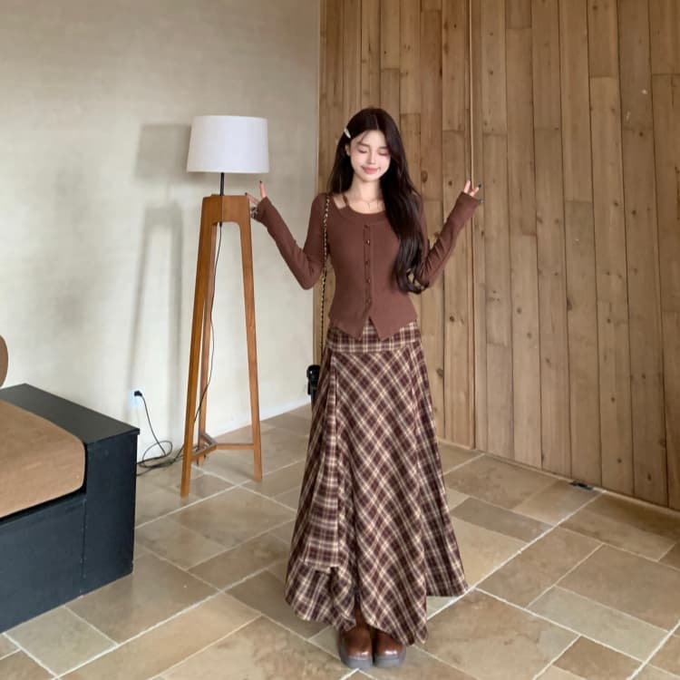 가을 겨울 빅 사이즈 여성 의류 지방 mm 커피 색상 긴팔 몸매 가꾸기 니트 스웨터 여성 커피 색상 체크무늬 반신 스커트 투피스 세트 상세 이미지 10
