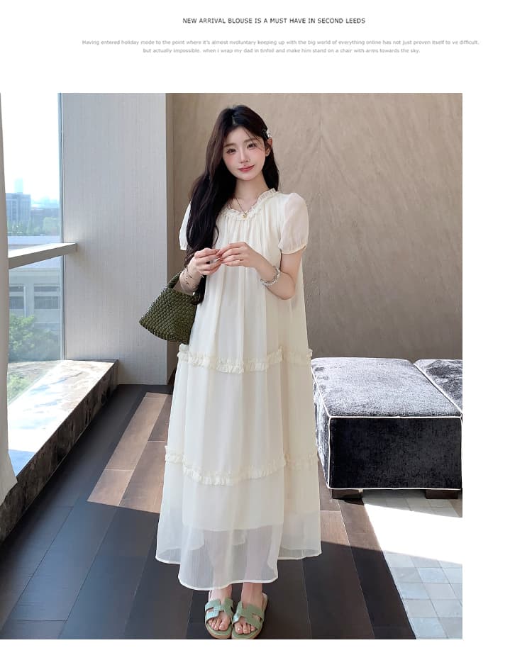 실사 지금 여름 드레스 신제품 한국 스타일 패션 루즈핏 프릴 디자인 센스 라운드 넥 중간 길이 드레스 상세 이미지 19
