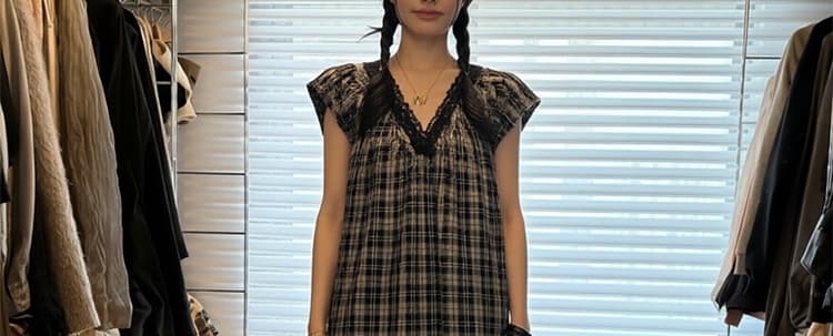 지금 신제품 여름 드레스 패션 외국 가스 한국 스타일 레이스 V넥 체크무늬 거품 소매 인형 중간 길이 드레스 상세 이미지 32