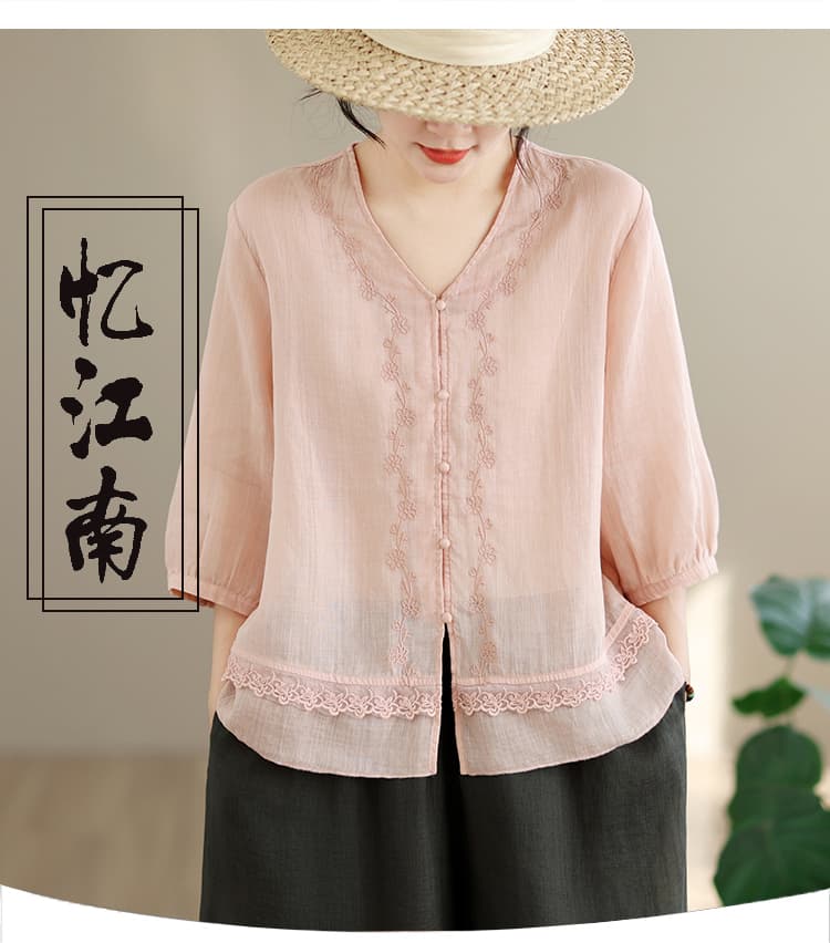 실사 프랑스식 레트로 자수 면 린넨 V 넥 셔츠 반팔 Chic 자이언트 잘 생긴 ~ 중 작은 셔츠 얇고 가벼운 연령 감소 맨위 상세 이미지 1