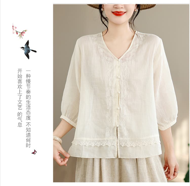 실사 프랑스식 레트로 자수 면 린넨 V 넥 셔츠 반팔 Chic 자이언트 잘 생긴 ~ 중 작은 셔츠 얇고 가벼운 연령 감소 맨위 상세 이미지 20