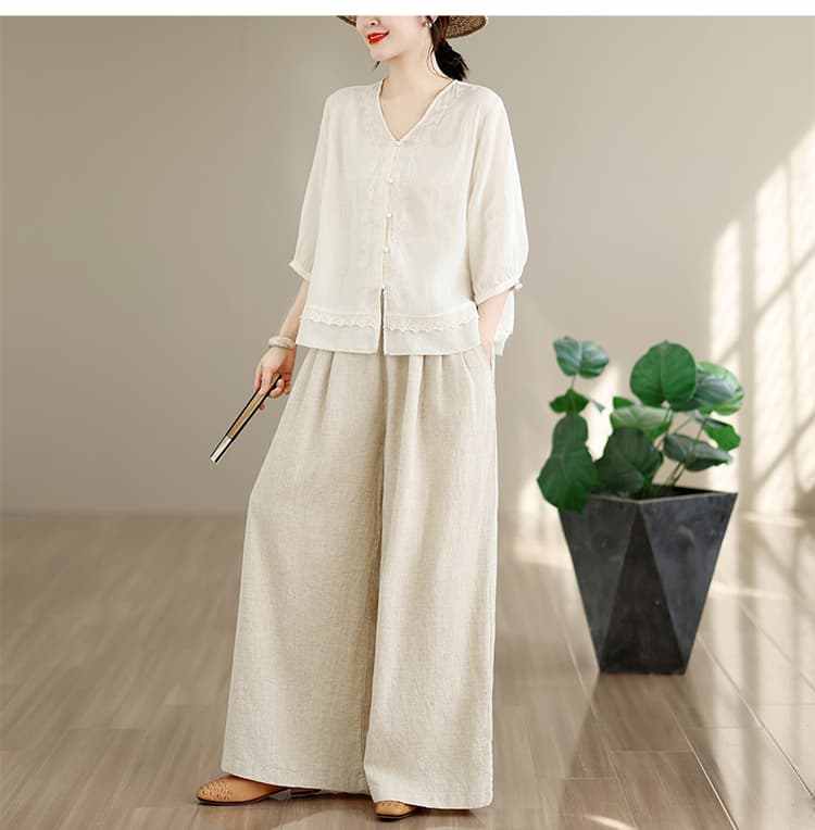 실사 프랑스식 레트로 자수 면 린넨 V 넥 셔츠 반팔 Chic 자이언트 잘 생긴 ~ 중 작은 셔츠 얇고 가벼운 연령 감소 맨위 상세 이미지 22