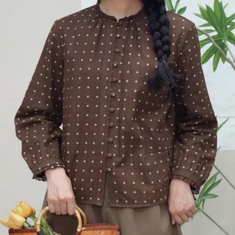면 린넨 꽃무늬 레이스 칼라 칼라 긴팔 여성 셔츠 루즈핏 슬림해 보이는 빅 사이즈 셔츠 프린트 표지 고기 상세 이미지 3