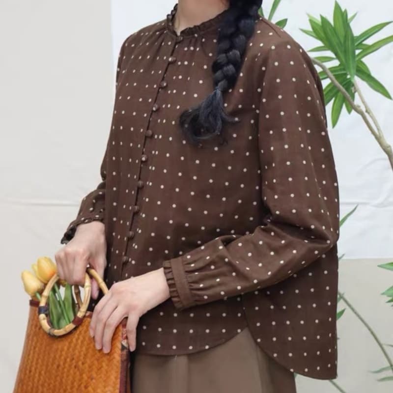 면 린넨 꽃무늬 레이스 칼라 칼라 긴팔 여성 셔츠 루즈핏 슬림해 보이는 빅 사이즈 셔츠 프린트 표지 고기 상세 이미지 4
