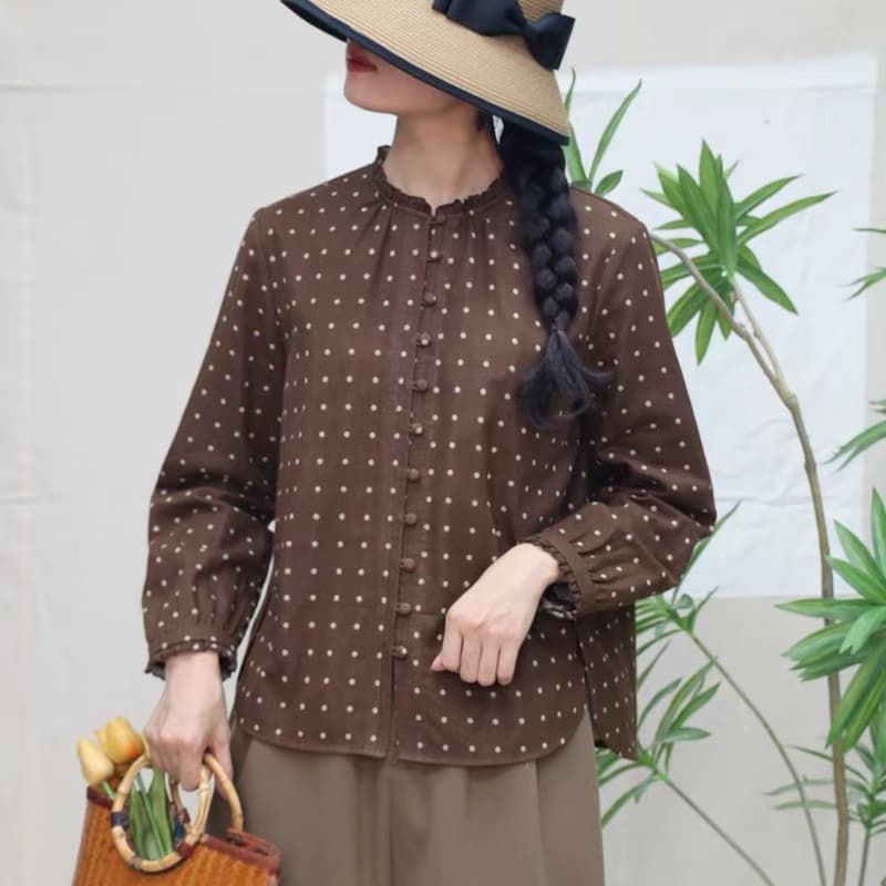 면 린넨 꽃무늬 레이스 칼라 칼라 긴팔 여성 셔츠 루즈핏 슬림해 보이는 빅 사이즈 셔츠 프린트 표지 고기 상세 이미지 7