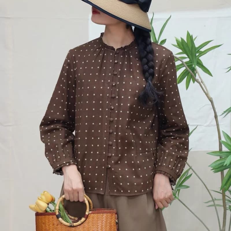 면 린넨 꽃무늬 레이스 칼라 칼라 긴팔 여성 셔츠 루즈핏 슬림해 보이는 빅 사이즈 셔츠 프린트 표지 고기 상세 이미지 8