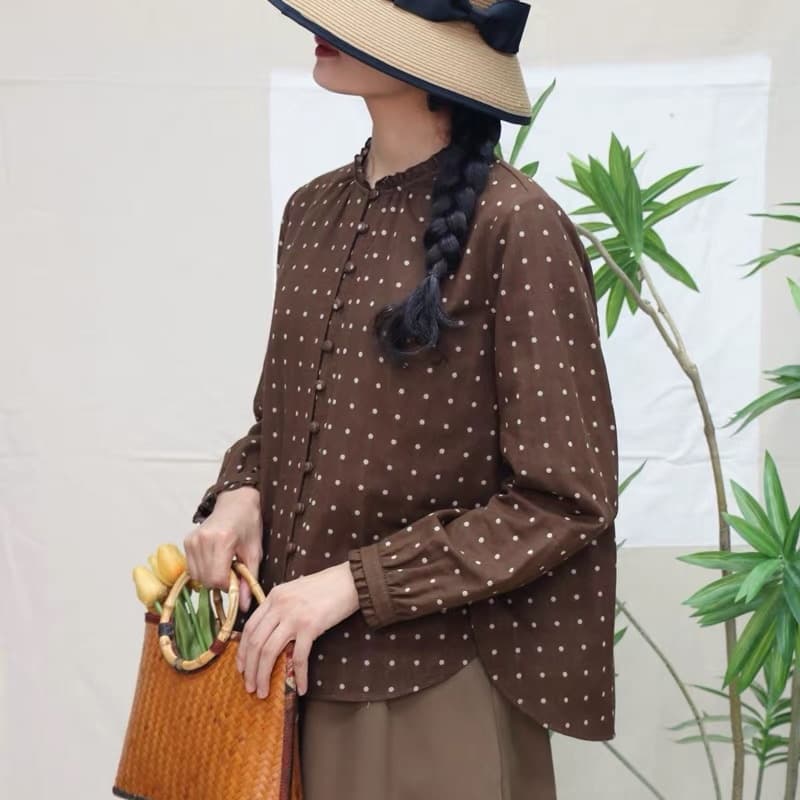 면 린넨 꽃무늬 레이스 칼라 칼라 긴팔 여성 셔츠 루즈핏 슬림해 보이는 빅 사이즈 셔츠 프린트 표지 고기 상세 이미지 9