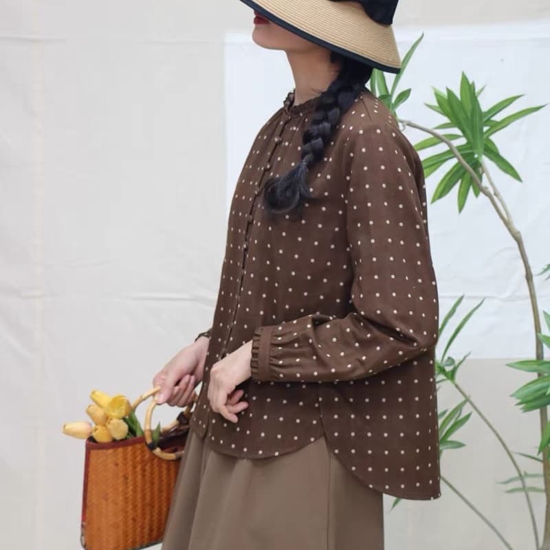 면 린넨 꽃무늬 레이스 칼라 칼라 긴팔 여성 셔츠 루즈핏 슬림해 보이는 빅 사이즈 셔츠 프린트 표지 고기 상세 이미지 10