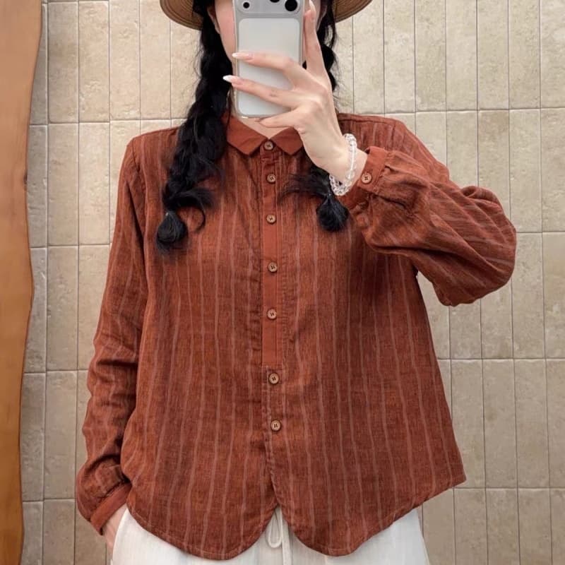 레트로 문예 세로 줄무늬 긴팔 이중층 면사 여성 셔츠 가을 새로운 순면 루즈핏 슬림해 보이는 품격 셔츠 상세 이미지 2