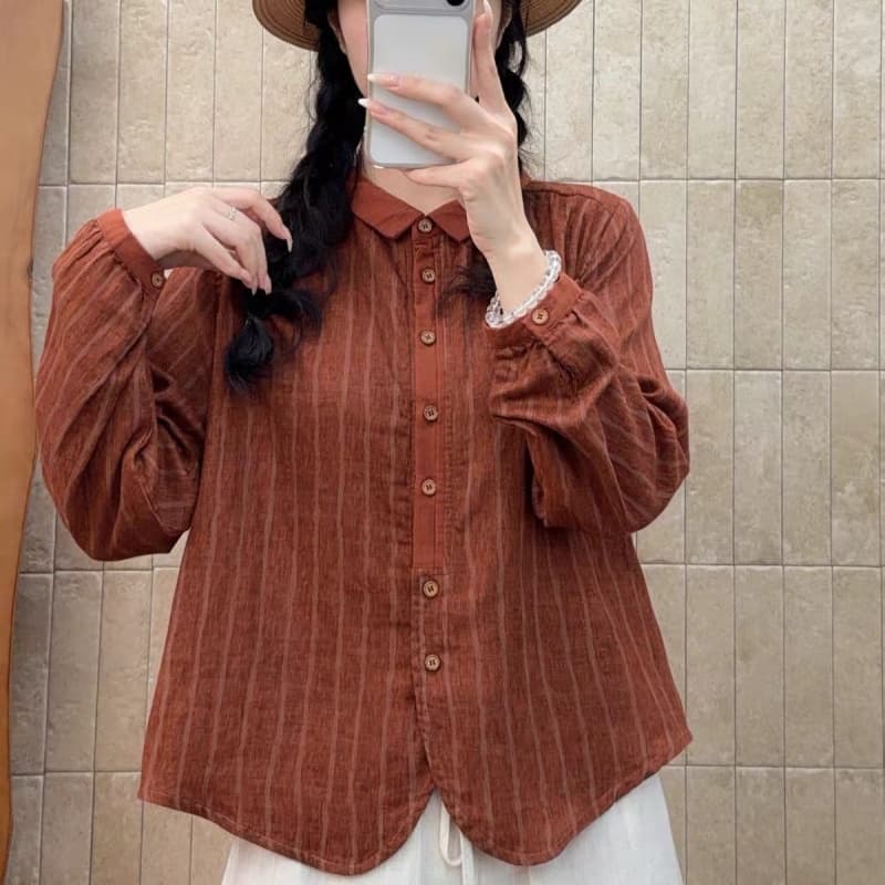 레트로 문예 세로 줄무늬 긴팔 이중층 면사 여성 셔츠 가을 새로운 순면 루즈핏 슬림해 보이는 품격 셔츠 상세 이미지 3