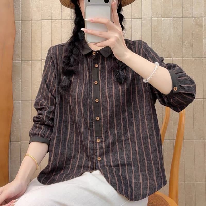 레트로 문예 세로 줄무늬 긴팔 이중층 면사 여성 셔츠 가을 새로운 순면 루즈핏 슬림해 보이는 품격 셔츠 상세 이미지 5