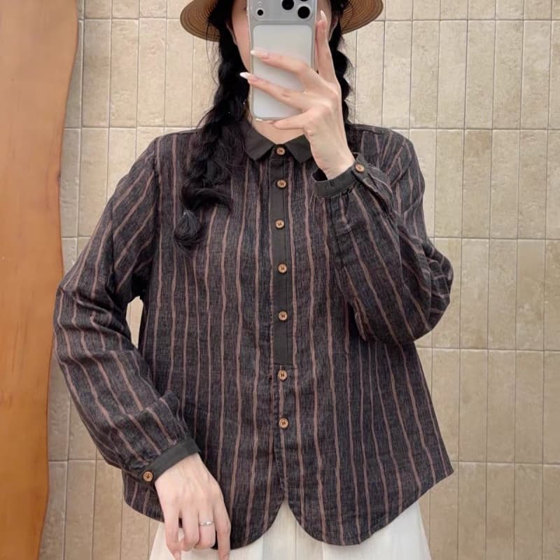 레트로 문예 세로 줄무늬 긴팔 이중층 면사 여성 셔츠 가을 새로운 순면 루즈핏 슬림해 보이는 품격 셔츠 상세 이미지 6