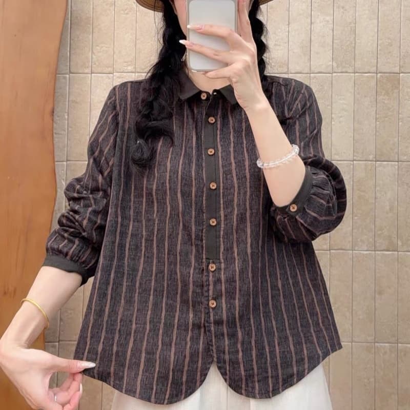 레트로 문예 세로 줄무늬 긴팔 이중층 면사 여성 셔츠 가을 새로운 순면 루즈핏 슬림해 보이는 품격 셔츠 상세 이미지 7