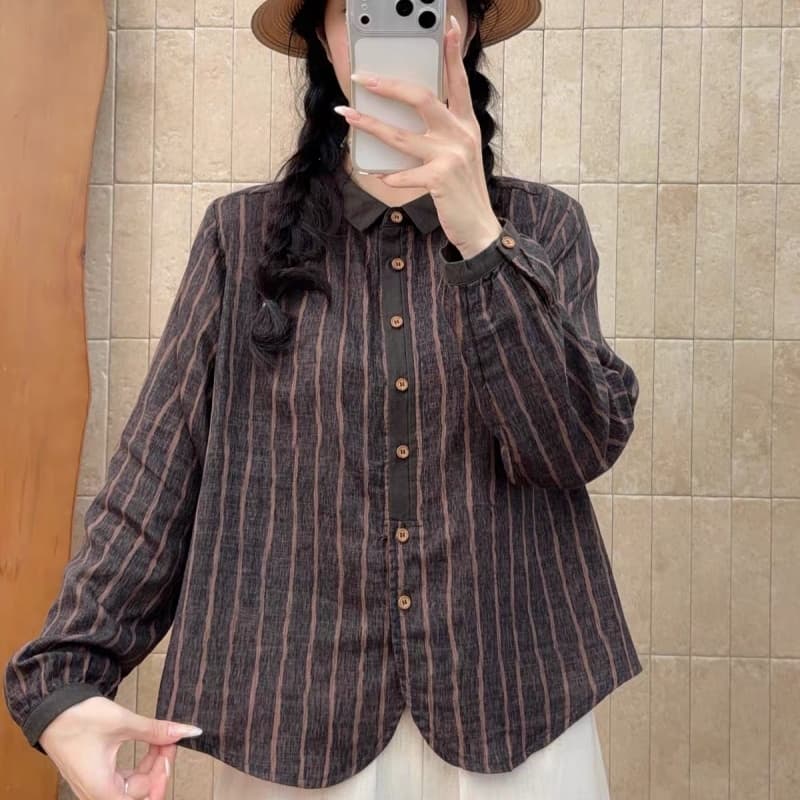 레트로 문예 세로 줄무늬 긴팔 이중층 면사 여성 셔츠 가을 새로운 순면 루즈핏 슬림해 보이는 품격 셔츠 상세 이미지 8