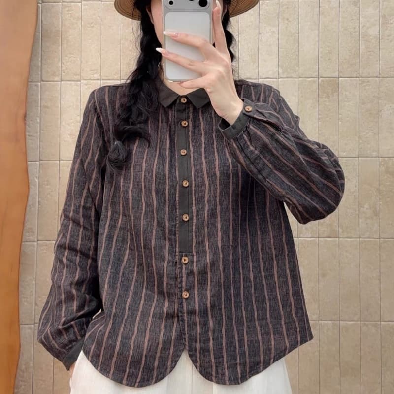 레트로 문예 세로 줄무늬 긴팔 이중층 면사 여성 셔츠 가을 새로운 순면 루즈핏 슬림해 보이는 품격 셔츠 상세 이미지 9
