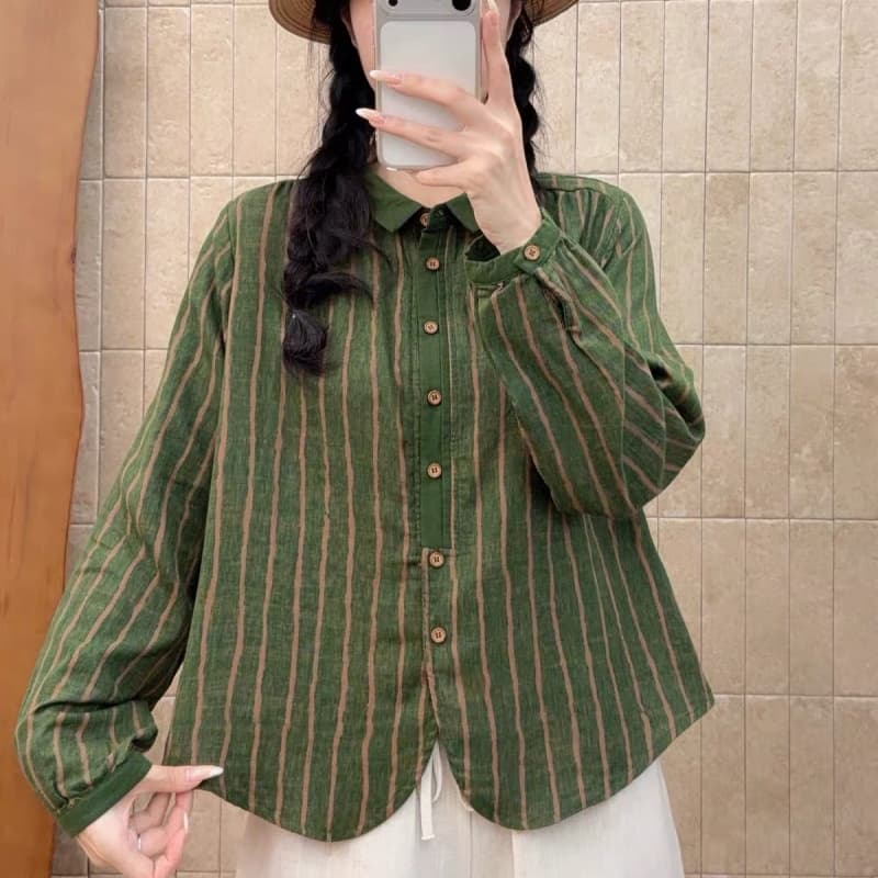 레트로 문예 세로 줄무늬 긴팔 이중층 면사 여성 셔츠 가을 새로운 순면 루즈핏 슬림해 보이는 품격 셔츠 상세 이미지 11