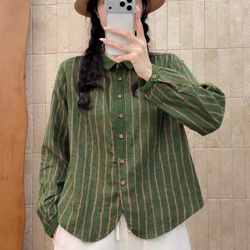 레트로 문예 세로 줄무늬 긴팔 이중층 면사 여성 셔츠 가을 새로운 순면 루즈핏 슬림해 보이는 품격 셔츠 상세 이미지 12