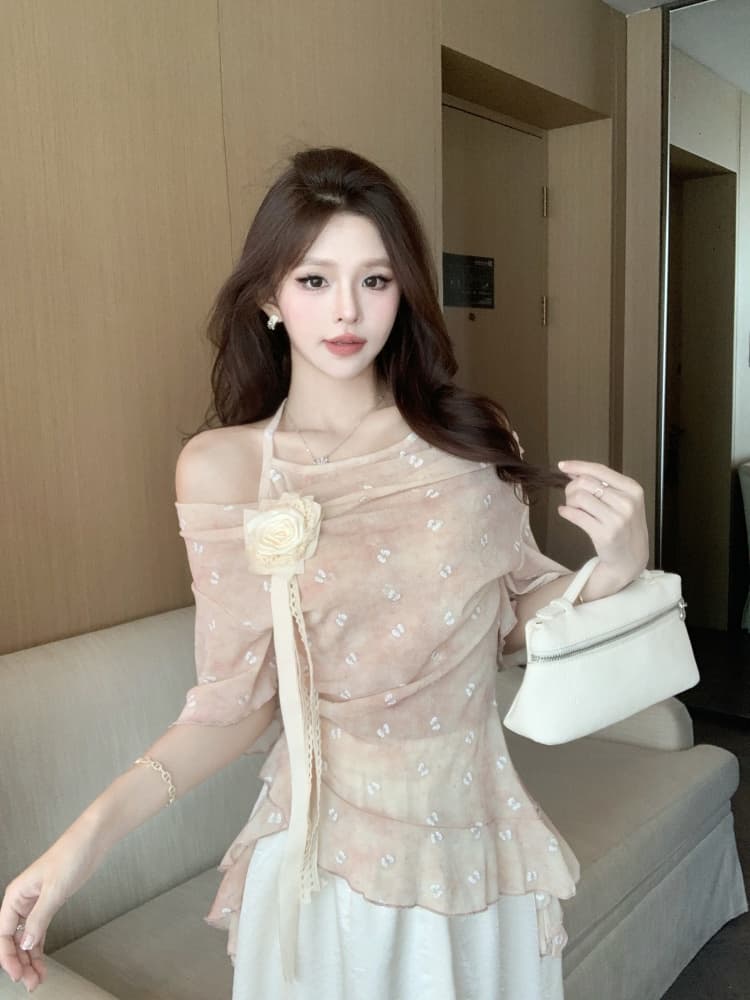 여름 부드러운 색상 시스템 오프숄더 꽃무늬 슈퍼 요정 패션 달콤함 맨위 다용도 이미지 4