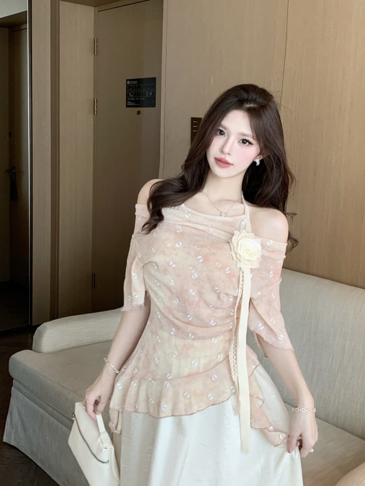 여름 부드러운 색상 시스템 오프숄더 꽃무늬 슈퍼 요정 패션 달콤함 맨위 다용도 상세 이미지 8