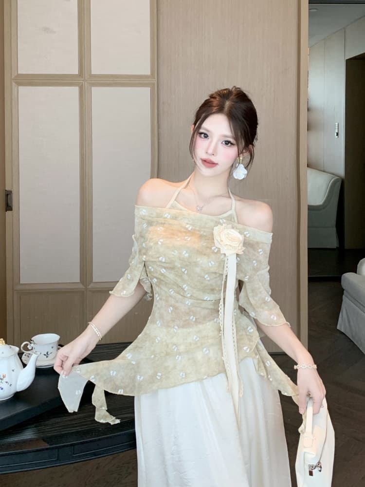 여름 부드러운 색상 시스템 오프숄더 꽃무늬 슈퍼 요정 패션 달콤함 맨위 다용도 상세 이미지 12