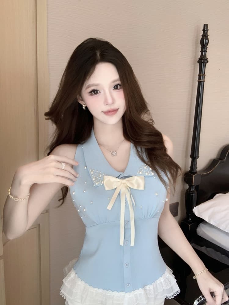 달콤한 핫걸 진주 나비 매듭 민소매 조끼 폴로 칼라 디자인 센스 소녀 품격 눈길을 끄는 슈퍼 뜨거운 새로운 상세 이미지 3