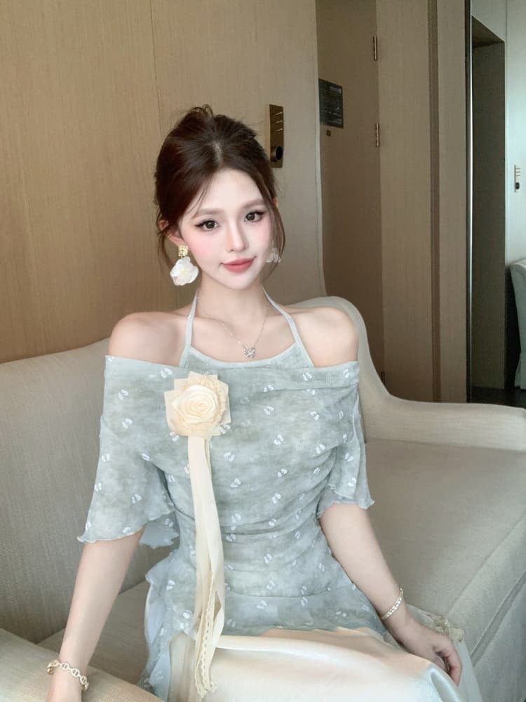 여름 부드러운 색상 시스템 오프숄더 꽃무늬 슈퍼 요정 패션 달콤함 맨위 다용도 상세 이미지 3