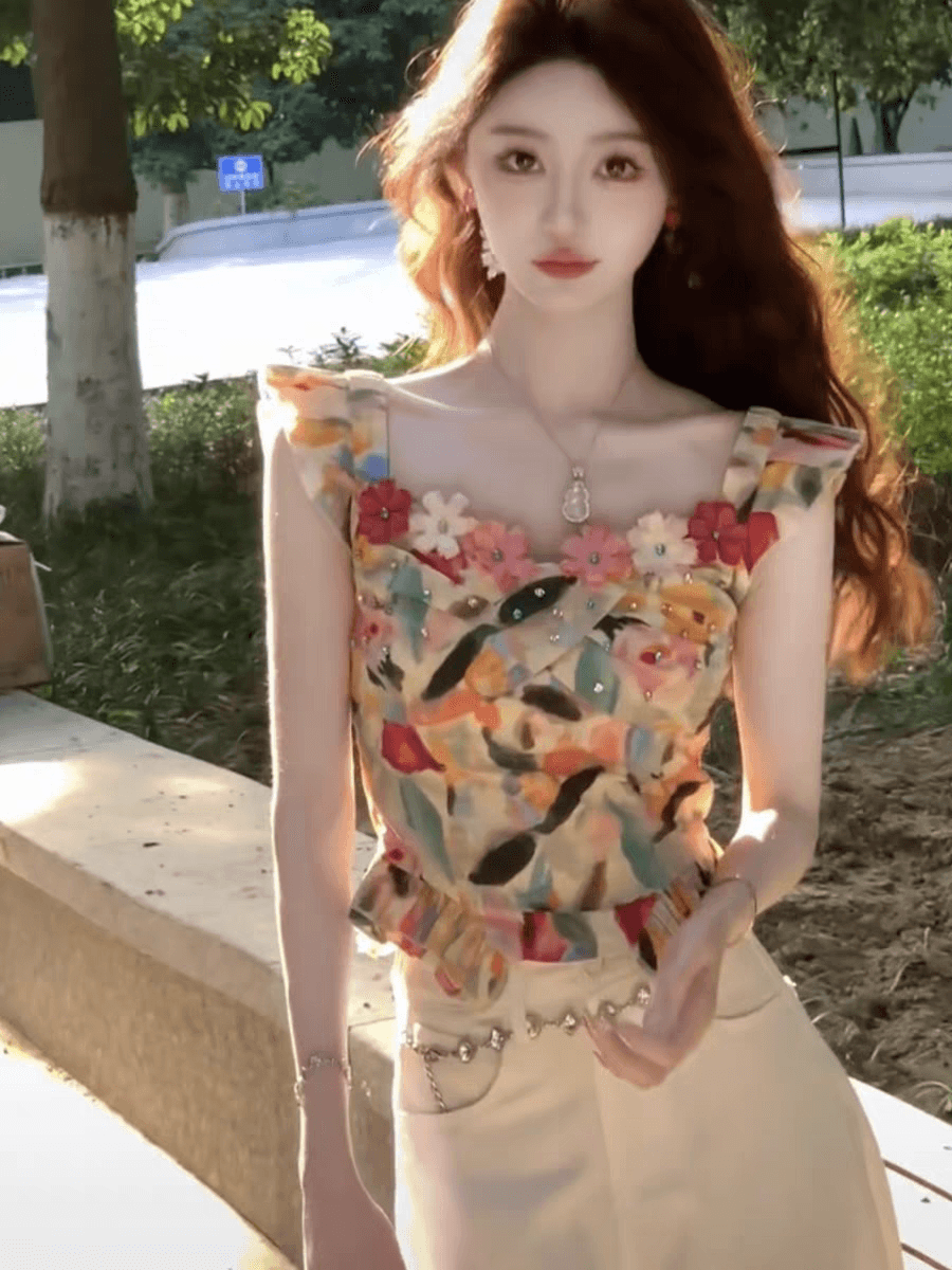 조끼 슬립 꽃무늬 몸매 가꾸기 여름 얇은 스타일 다이아몬드 세팅 디자인 센스 외국 가스 작은 셔츠 고유 한 프릴 디자인 센스