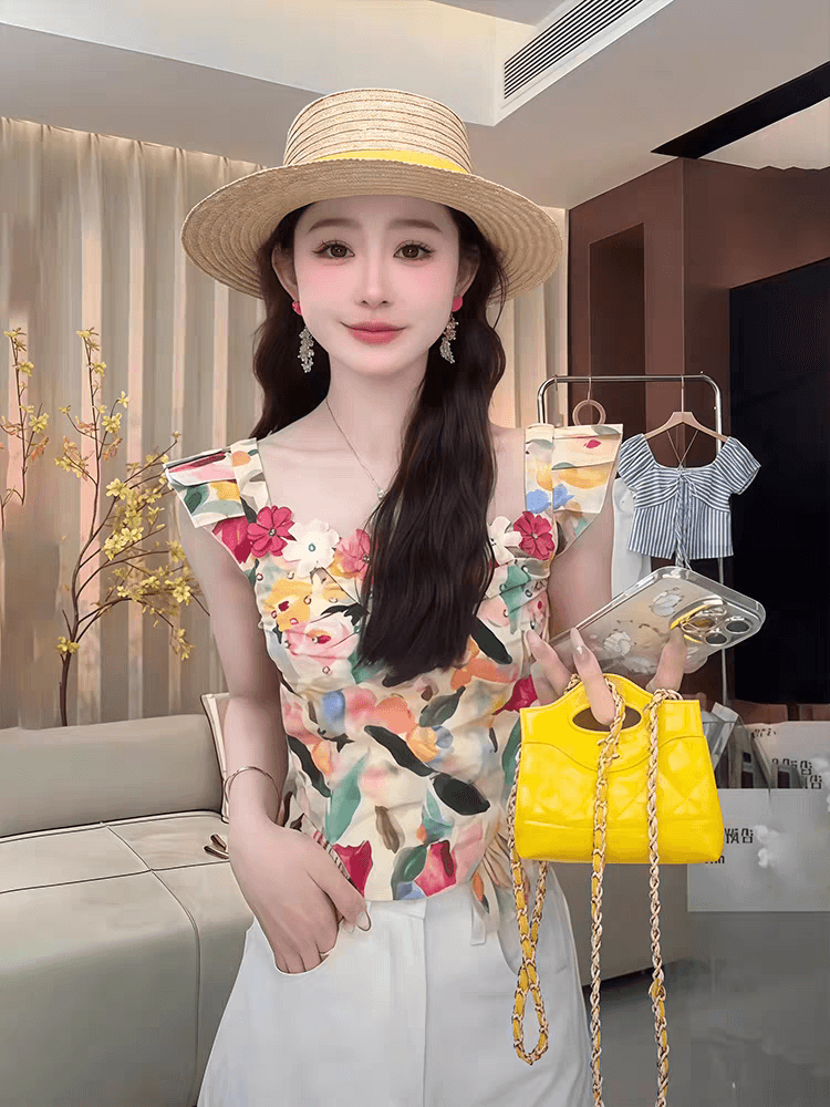조끼 슬립 꽃무늬 몸매 가꾸기 여름 얇은 스타일 다이아몬드 세팅 디자인 센스 외국 가스 작은 셔츠 고유 한 프릴 디자인 센스 상세 이미지 3