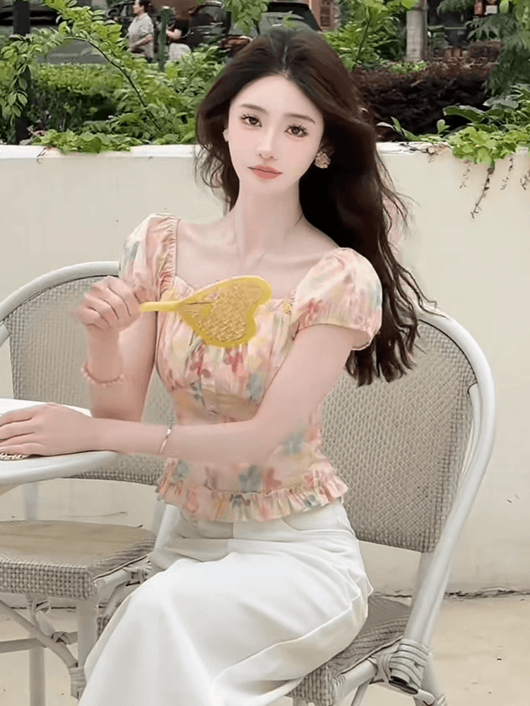 프랑스식 레트로 꽃무늬 광장 칼라 거품 소매 여성 여름 새로운 디자인 센스 Chic 신선함 착용 가져 가라. 이미지 4