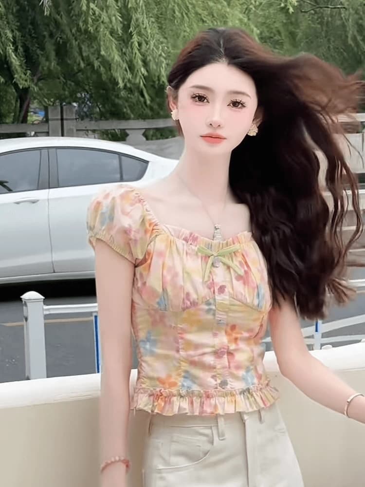 프랑스식 레트로 꽃무늬 광장 칼라 거품 소매 여성 여름 새로운 디자인 센스 Chic 신선함 착용 가져 가라. 상세 이미지 2