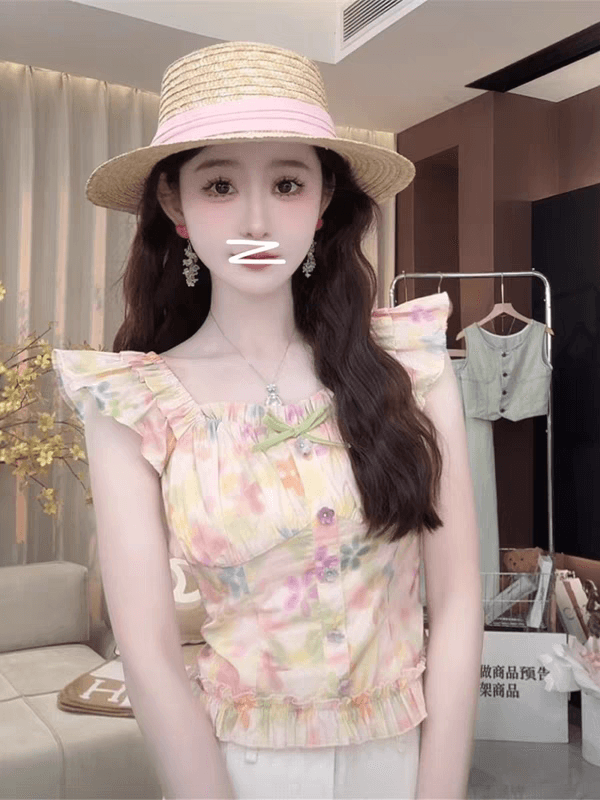프랑스식 레트로 꽃무늬 광장 칼라 거품 소매 여성 여름 새로운 디자인 센스 Chic 신선함 착용 가져 가라. 이미지 3