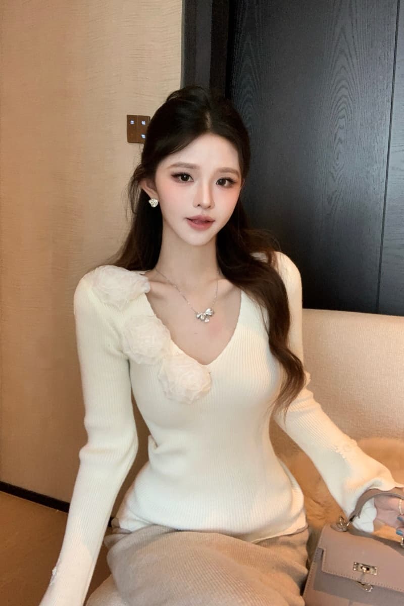 순수한 욕망 실링 V넥 레이스 조각 니트 스웨터 여성 가을 겨울 몸매 가꾸기 인사이드 가져 가라. 부드러운 바람 만나는 맨위 상세 이미지 16
