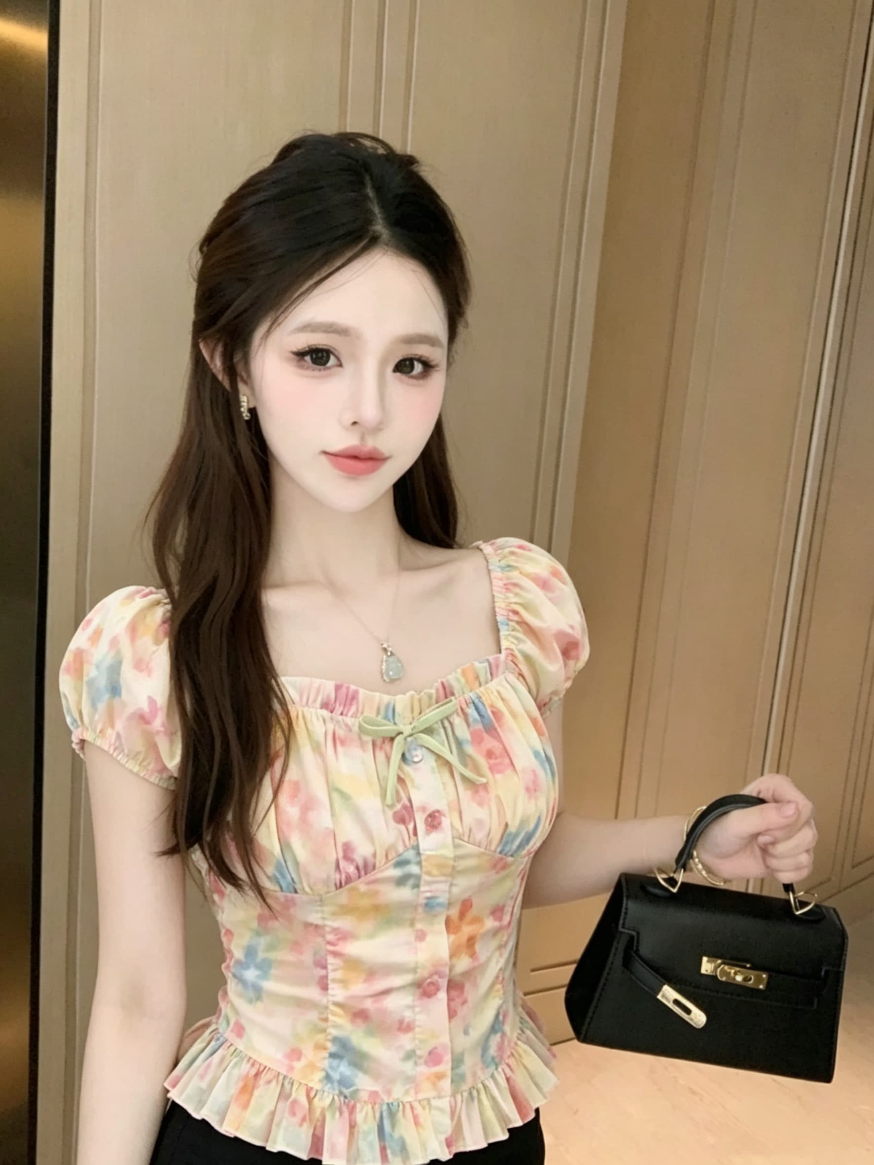 프랑스식 광장 칼라 Feifei 소매 홀치기 염색 쇼트 스타일 맨위 여성 여름 새로운 허리 수축 슬림해 보이는 순수한 욕망 바람 달콤한 자매 작은 셔츠