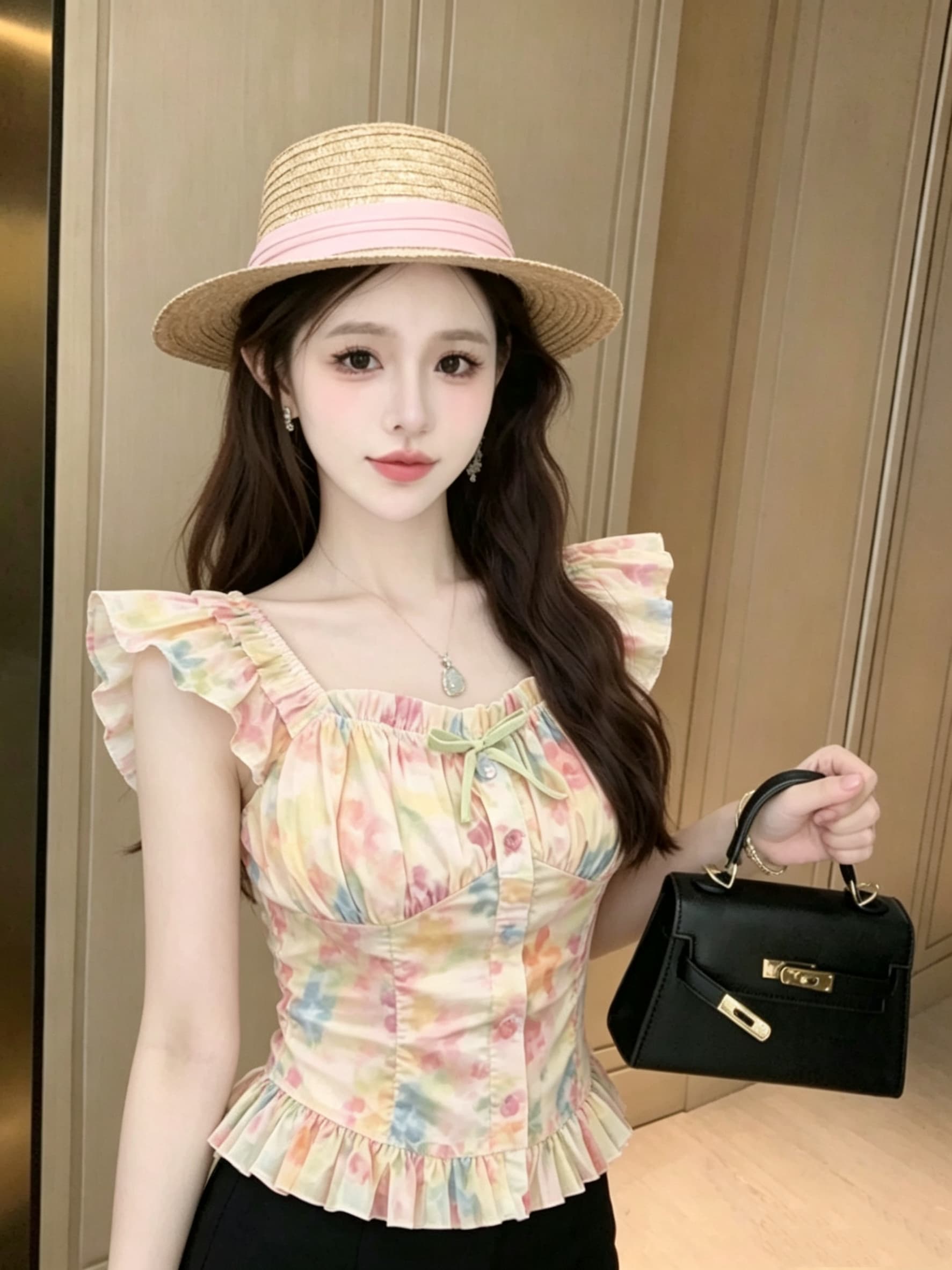 프랑스식 광장 칼라 Feifei 소매 홀치기 염색 쇼트 스타일 맨위 여성 여름 새로운 허리 수축 슬림해 보이는 순수한 욕망 바람 달콤한 자매 작은 셔츠 이미지 3