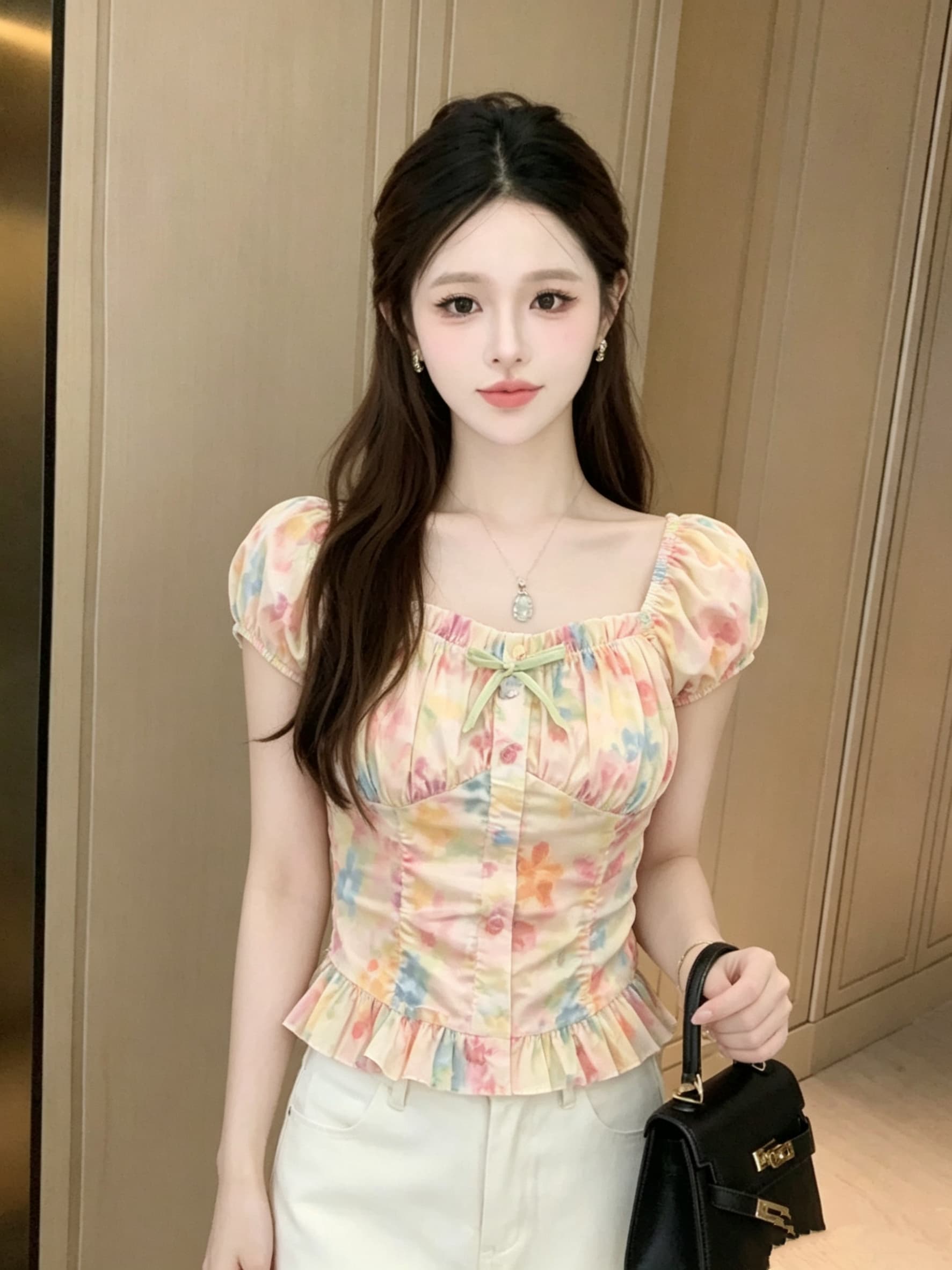 프랑스식 광장 칼라 Feifei 소매 홀치기 염색 쇼트 스타일 맨위 여성 여름 새로운 허리 수축 슬림해 보이는 순수한 욕망 바람 달콤한 자매 작은 셔츠 상세 이미지 3