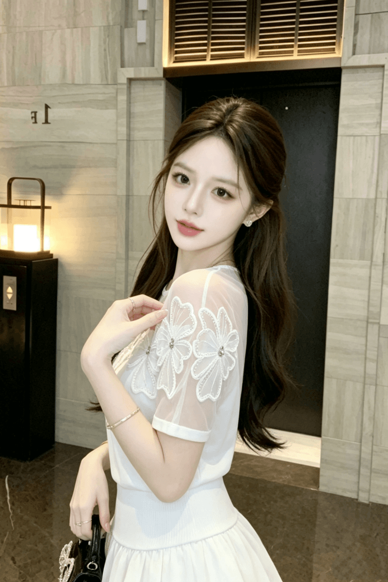 여름 새로운 3 차원 꽃 망사 패치워크 반팔 여성 부드러운 품격 라운드 넥 맨위 외국 가스 다용도 작은 셔츠 상세 이미지 2