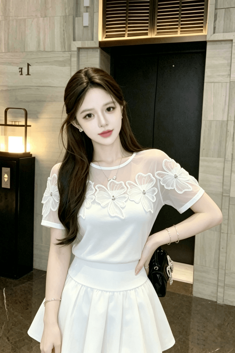 여름 새로운 3 차원 꽃 망사 패치워크 반팔 여성 부드러운 품격 라운드 넥 맨위 외국 가스 다용도 작은 셔츠 상세 이미지 4