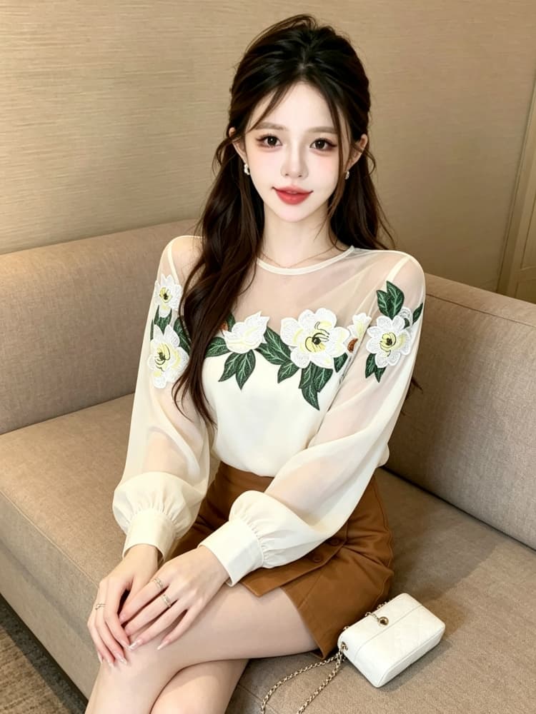 빛 럭셔리 무거운 작업 3 차원 꽃 셔츠 작은 대중 고급 센스 망사 패치워크 슬림해 보이는 긴팔 작은 셔츠 이미지 4