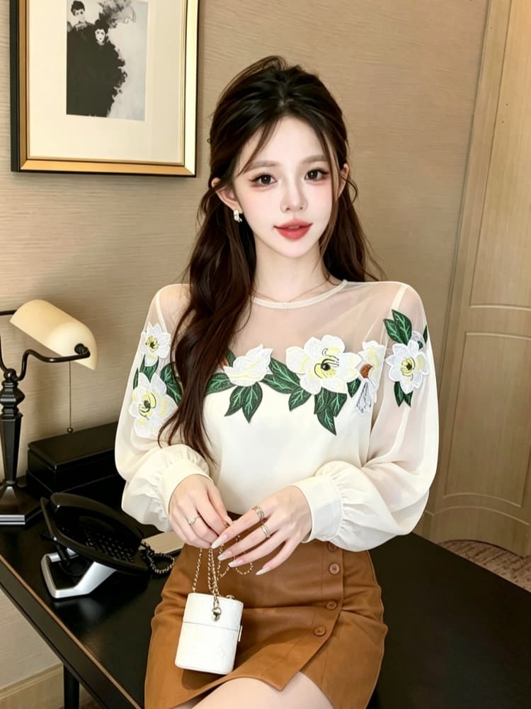 빛 럭셔리 무거운 작업 3 차원 꽃 셔츠 작은 대중 고급 센스 망사 패치워크 슬림해 보이는 긴팔 작은 셔츠 이미지 2