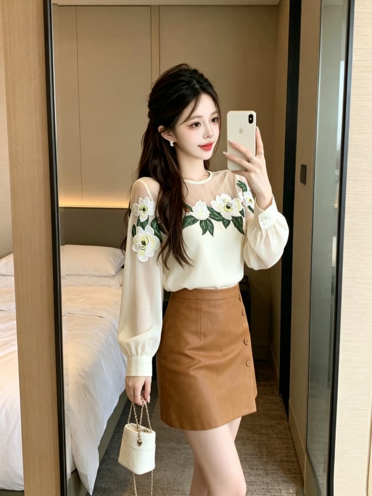 빛 럭셔리 무거운 작업 3 차원 꽃 셔츠 작은 대중 고급 센스 망사 패치워크 슬림해 보이는 긴팔 작은 셔츠 상세 이미지 5
