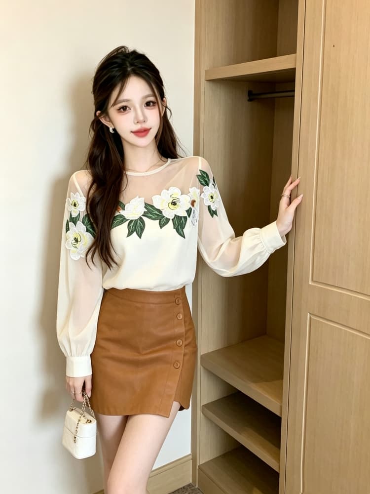 빛 럭셔리 무거운 작업 3 차원 꽃 셔츠 작은 대중 고급 센스 망사 패치워크 슬림해 보이는 긴팔 작은 셔츠 상세 이미지 6