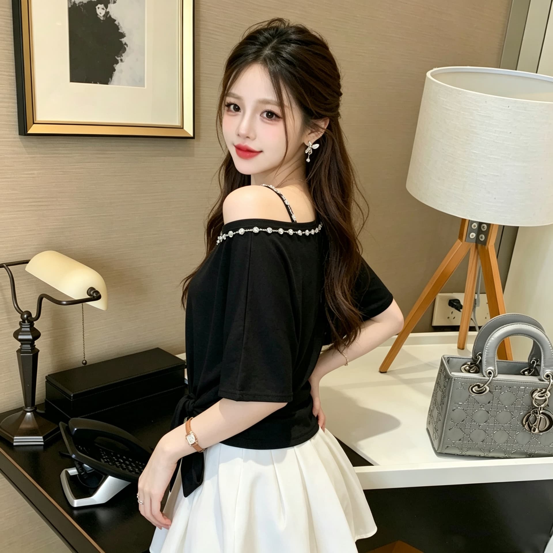 작은 심장 기계 비스듬한 어깨 디자인 센스 티셔츠 무거운 작업 체인 술 레이스업 허리 수축 반팔 이미지 5