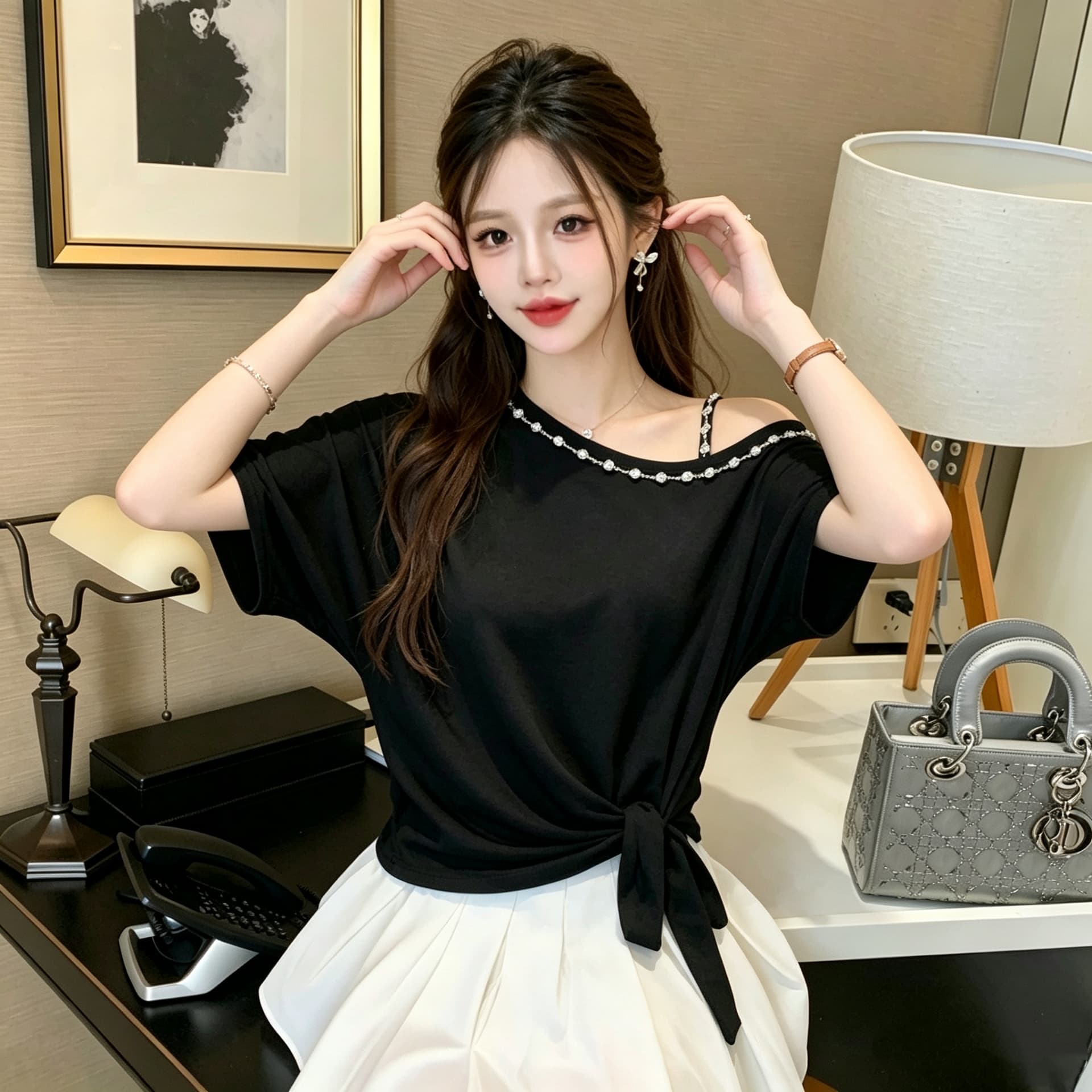 작은 심장 기계 비스듬한 어깨 디자인 센스 티셔츠 무거운 작업 체인 술 레이스업 허리 수축 반팔 이미지 4