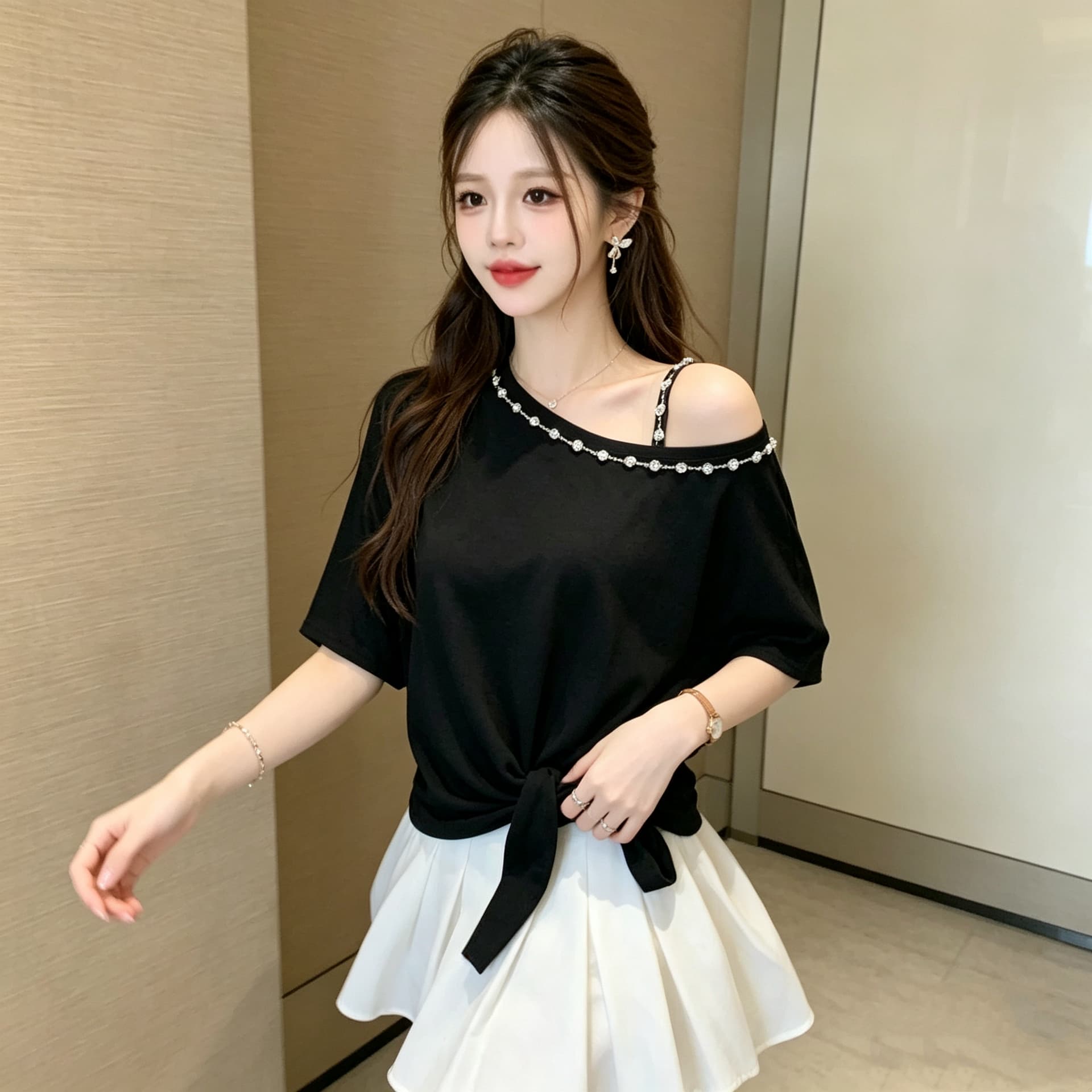 작은 심장 기계 비스듬한 어깨 디자인 센스 티셔츠 무거운 작업 체인 술 레이스업 허리 수축 반팔 상세 이미지 7