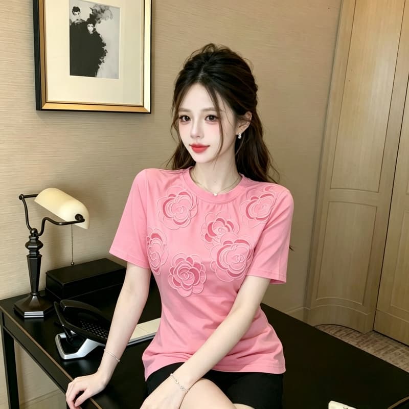 2026 미니멀리즘 라운드 넥 자수 맨위 여성 루즈핏 표지 고기 티셔츠 여름 다용도 상세 이미지 1